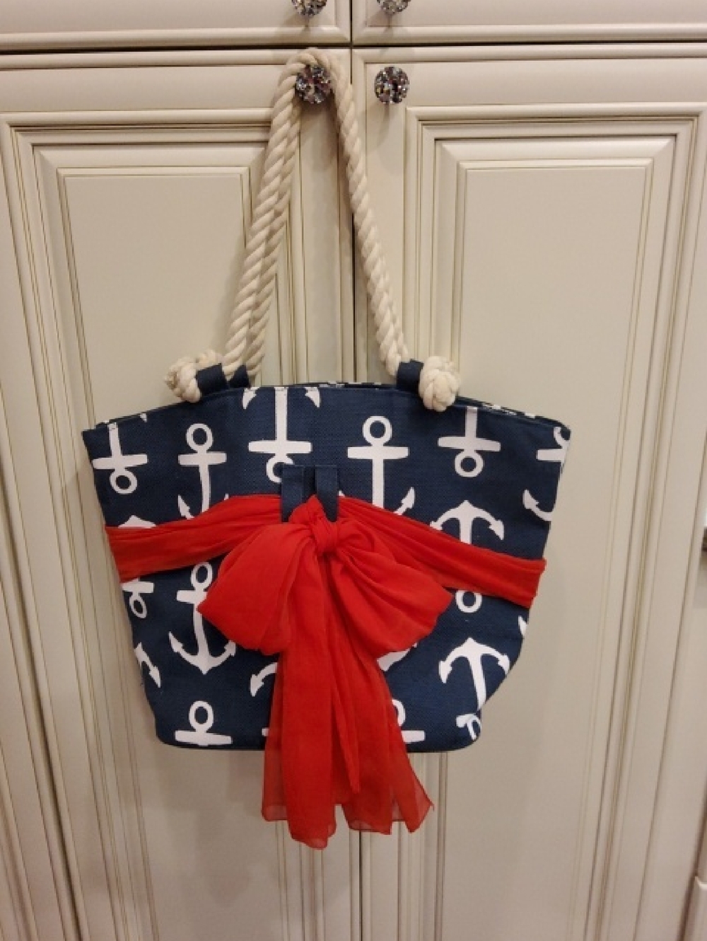MUD PIE Navy Anchor Canvas Tote with Red Bow - Women Bags